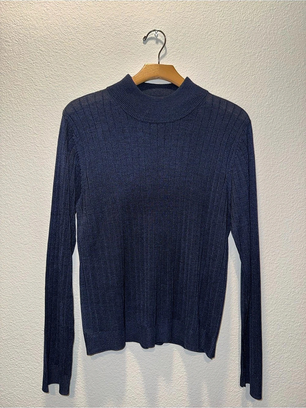 SLX 100% Silk Navy Blue Ribbed Mock Neck Sweater XL
